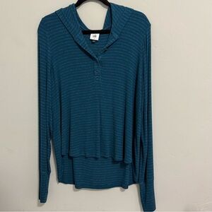 CAbi Riff Hoodie. #4191 features a teal / blue striped ribbed knit. Sz. Large